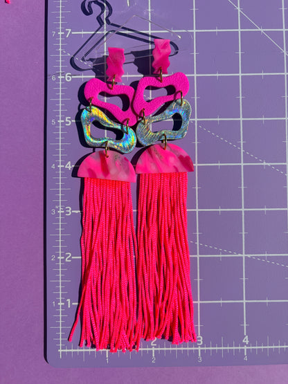 Suzie Pink Long Tassel Stacked Neon Fringe Statement Earrings