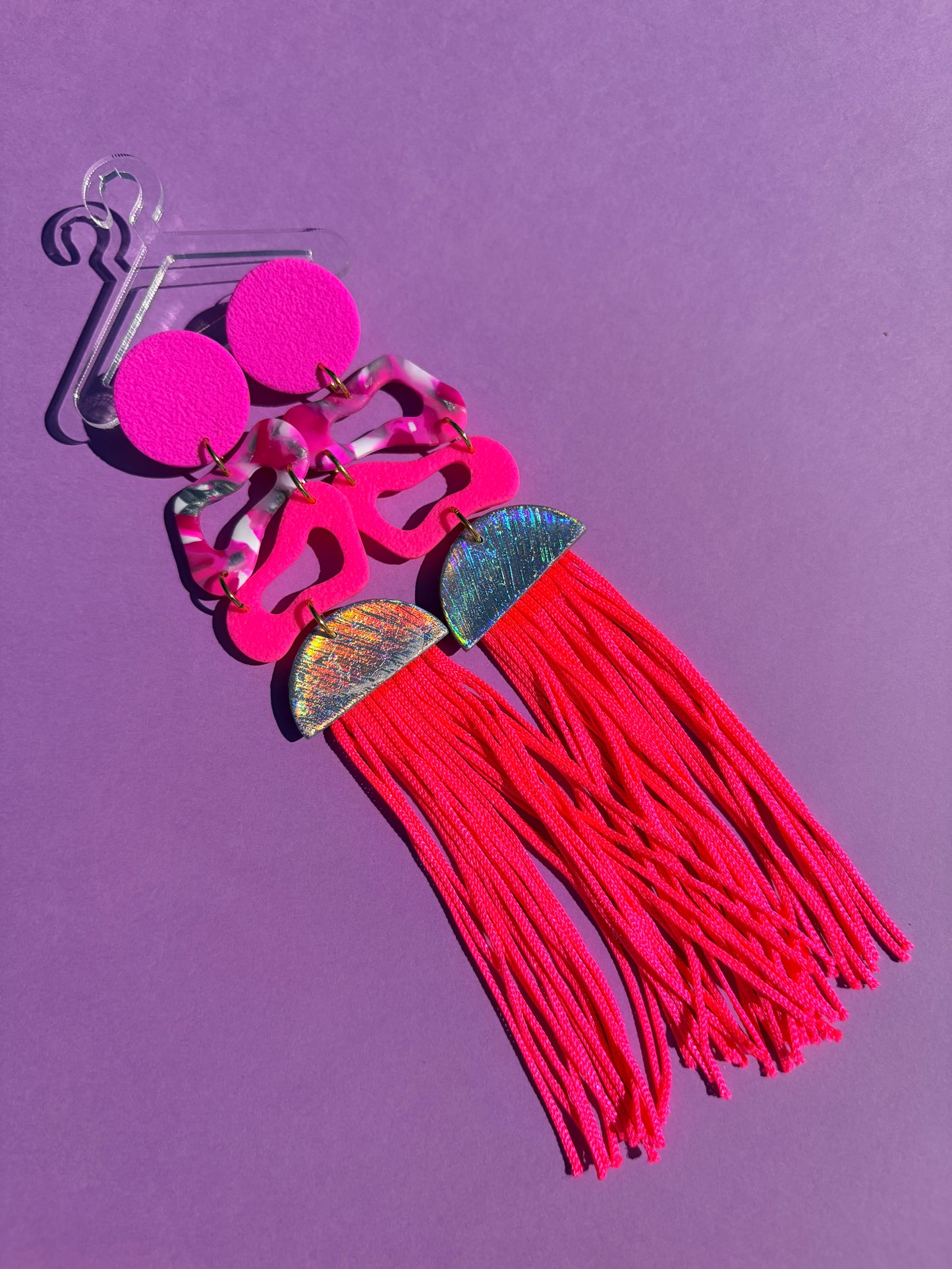 Harlow Pink Long Tassel Stacked Neon Fringe Statement Earrings