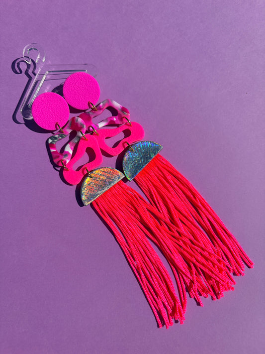 Harlow Pink Long Tassel Stacked Neon Fringe Statement Earrings