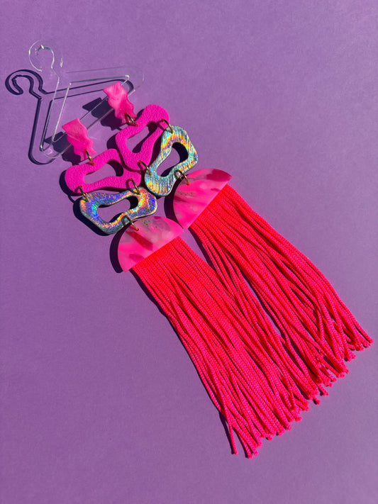 Suzie Pink Long Tassel Stacked Neon Fringe Statement Earrings