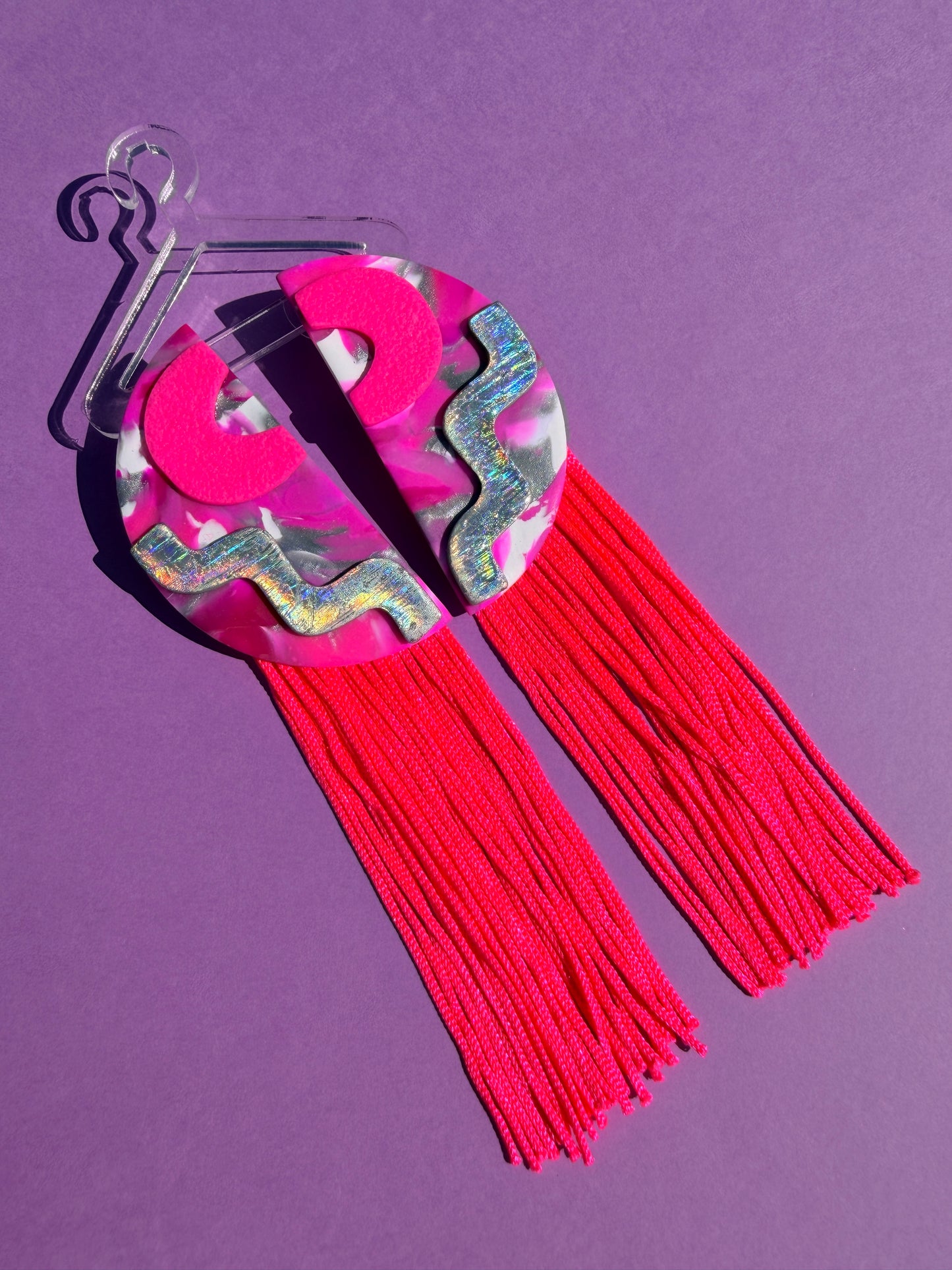 Quinn Pink Long Tassel Stacked Neon Fringe Statement Earrings Half Circles