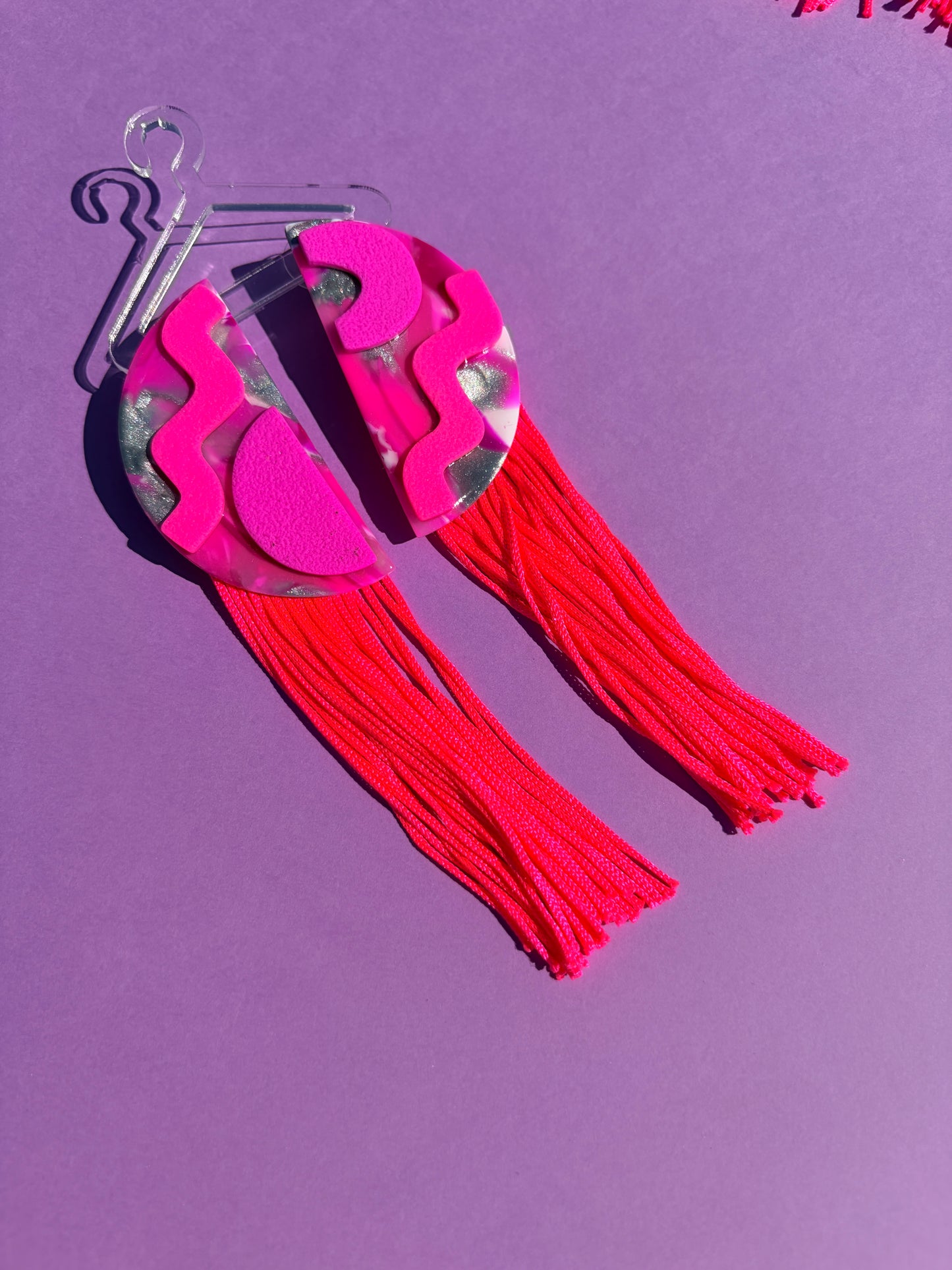 Quinn Pink Long Tassel Stacked Neon Fringe Statement Earrings Half Circles