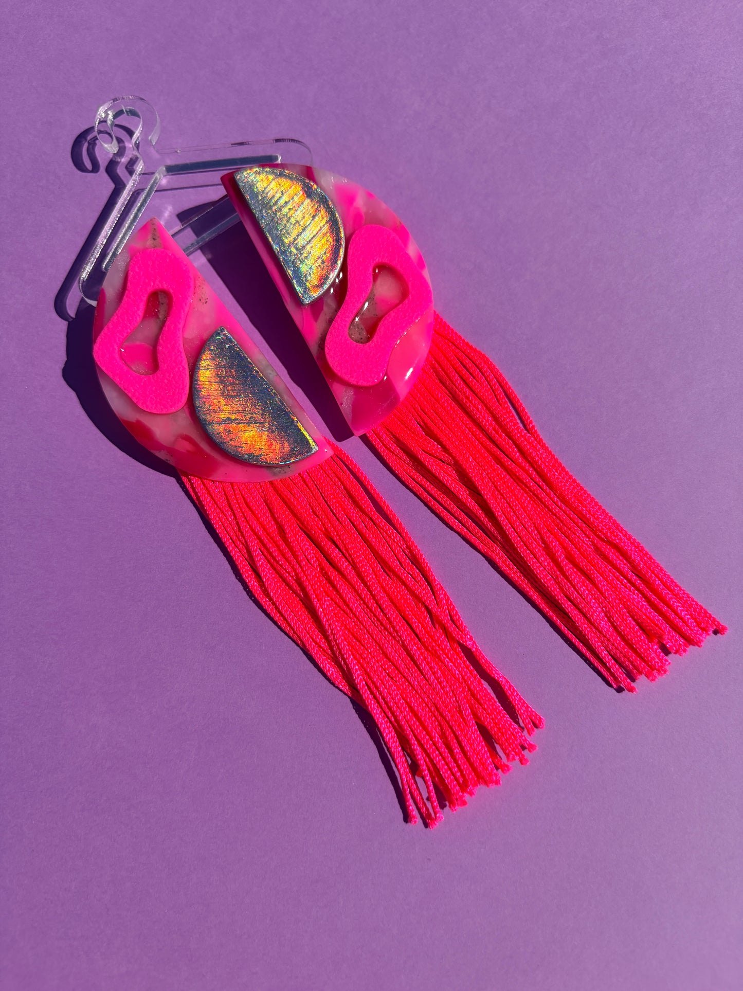 Quinn Pink Long Tassel Stacked Neon Fringe Statement Earrings Half Circles