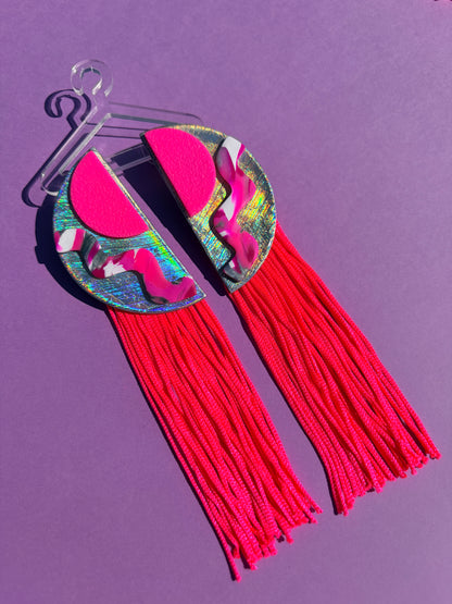 Quinn Pink Long Tassel Stacked Neon Fringe Statement Earrings Half Circles