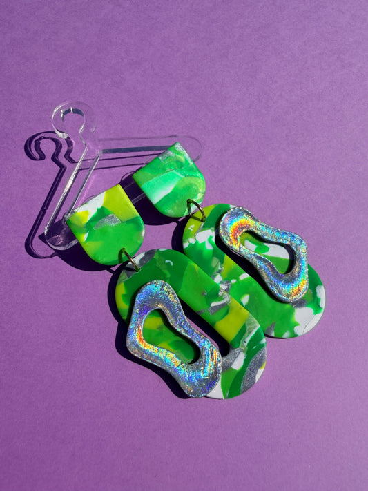 Ryan Green & Silver Holographic Stacked Asymmetrical Neon Statement Earrings