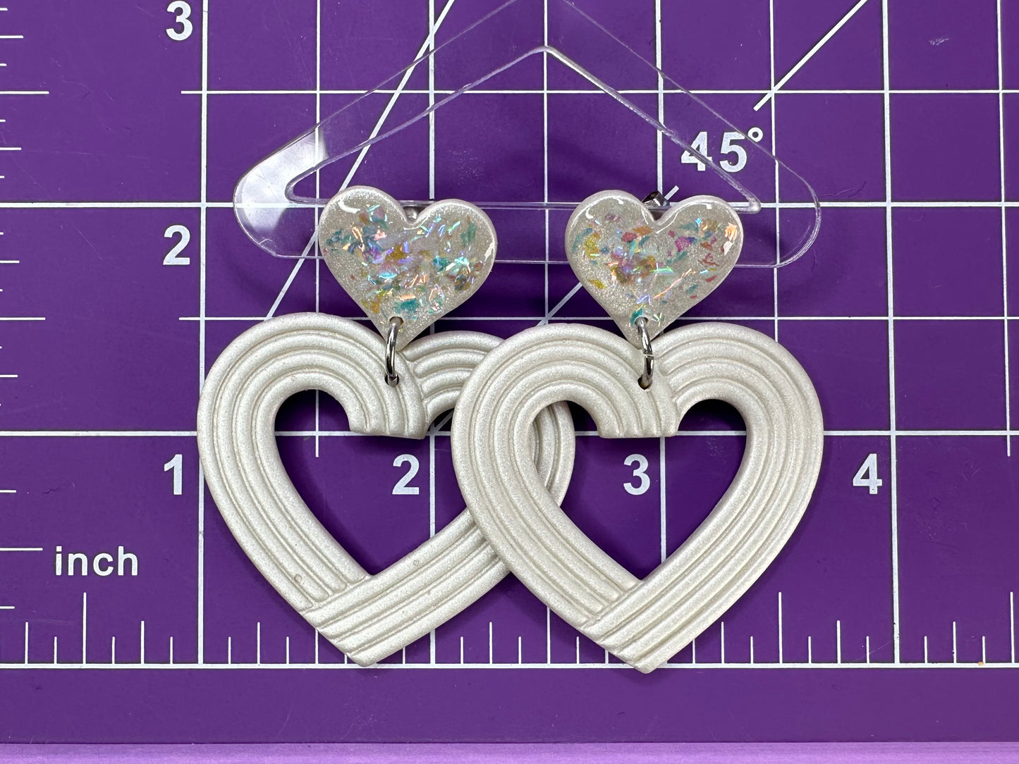 Lydia Embossed Nested Hearts in Pearl Opalescent- Coquette Statement Earrings