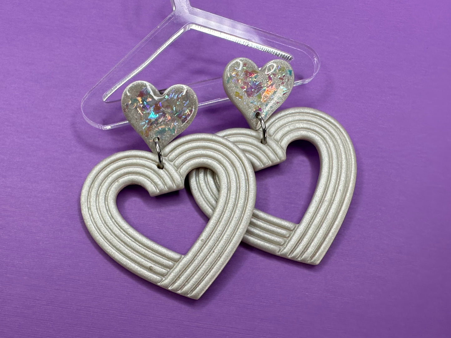 Lydia Embossed Nested Hearts in Pearl Opalescent- Coquette Statement Earrings