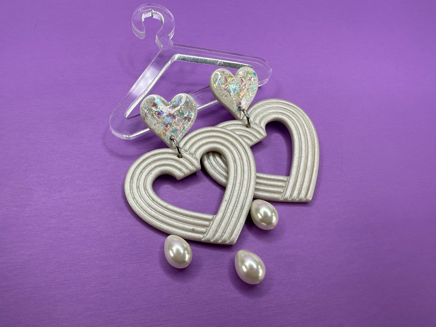 Lydia Embossed Nested Hearts in Pearl Opalescent- Coquette Statement Earrings