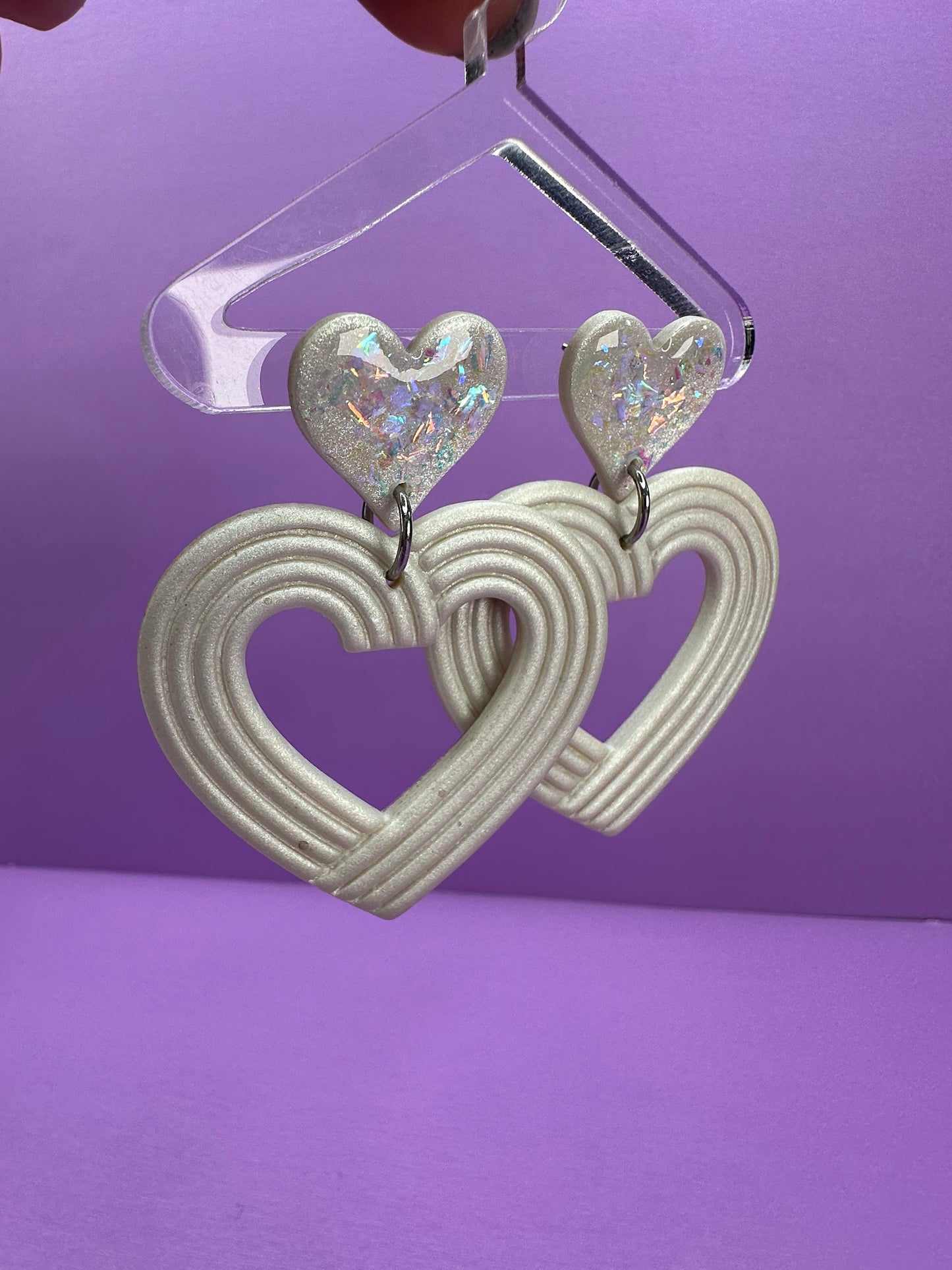 Lydia Embossed Nested Hearts in Pearl Opalescent- Coquette Statement Earrings