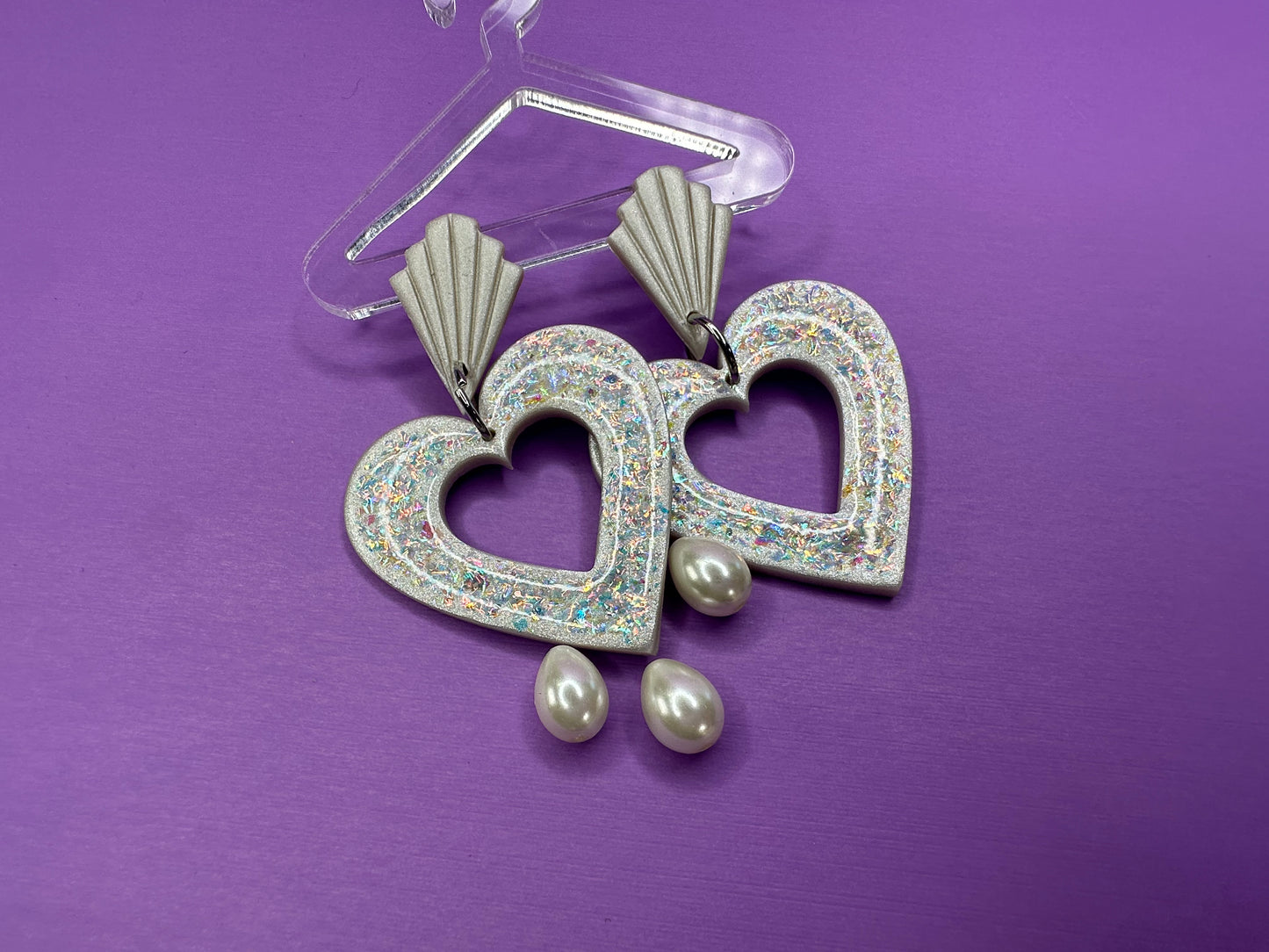 Lily Deco Hearts with in Opalescent Pearl - Coquette Aesthetic Statement Earrings