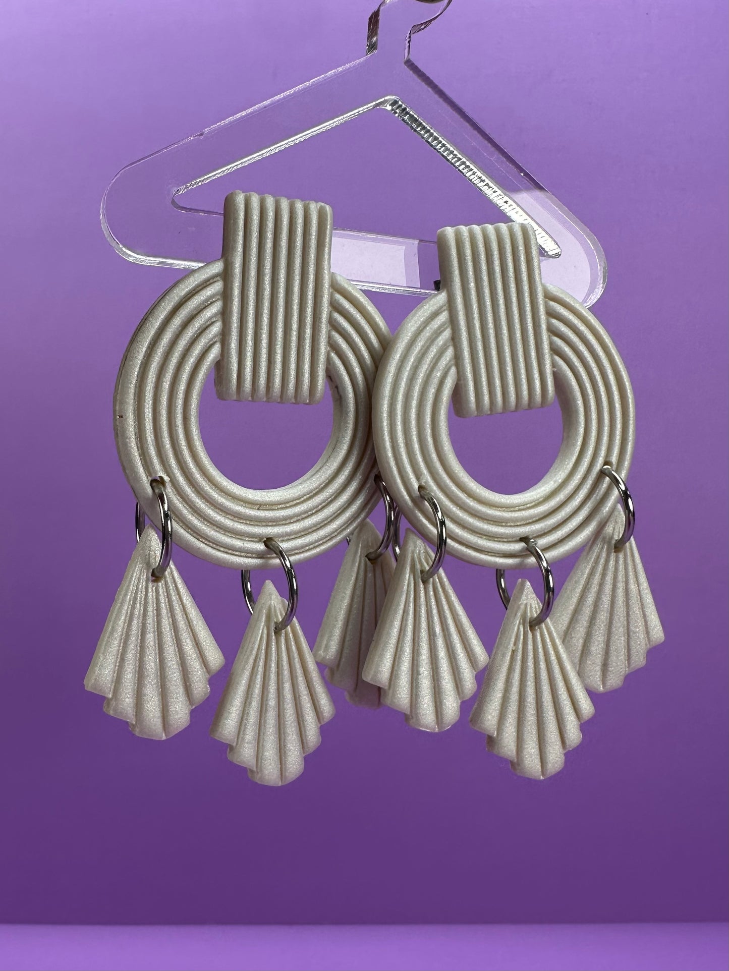 Adeline Embossed Fan Geometric Pearlescent- Coquette Statement Earrings