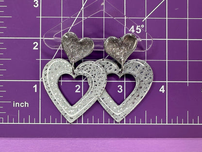 Lily Double Hearts in Crushed Silver & Chrome - Coquette Aesthetic Statement Earrings