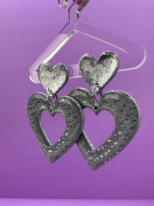 Lily Double Hearts in Crushed Silver & Chrome - Coquette Aesthetic Statement Earrings