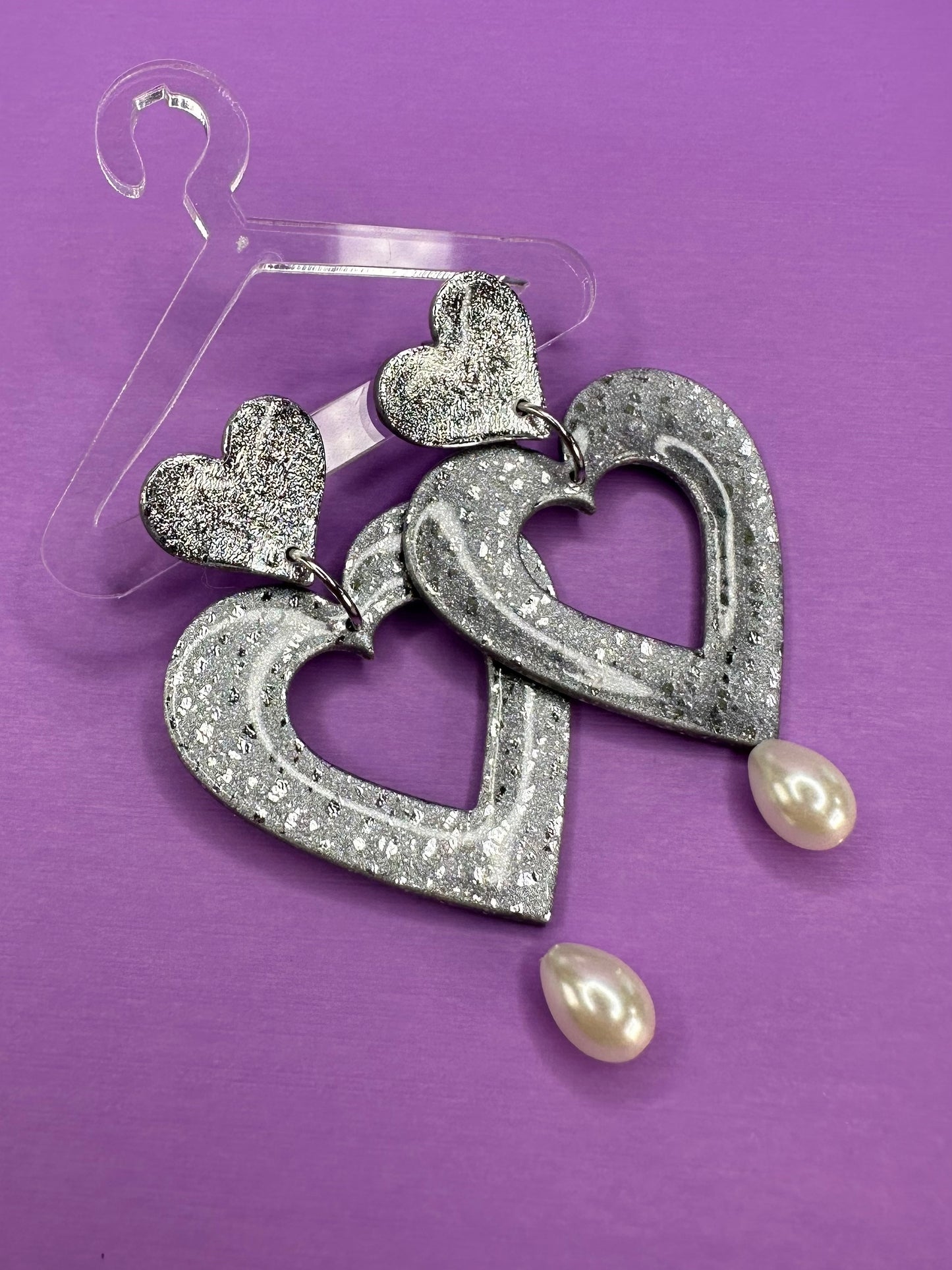 Lily Double Hearts in Crushed Silver & Chrome - Coquette Aesthetic Statement Earrings