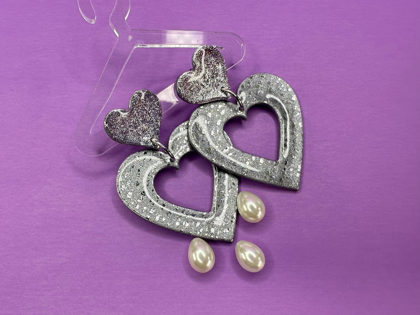 Lily Double Hearts in Crushed Silver & Chrome - Coquette Aesthetic Statement Earrings