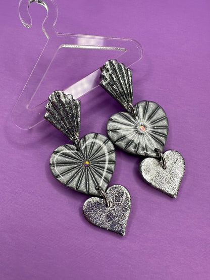 Julie Double Crushed Silver & Chrome Fan Small Stacked Heart Earrings