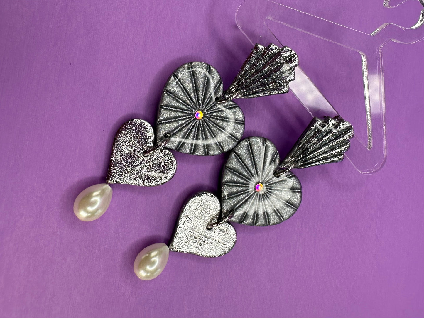 Julie Double Crushed Silver & Chrome Fan Small Stacked Heart Earrings