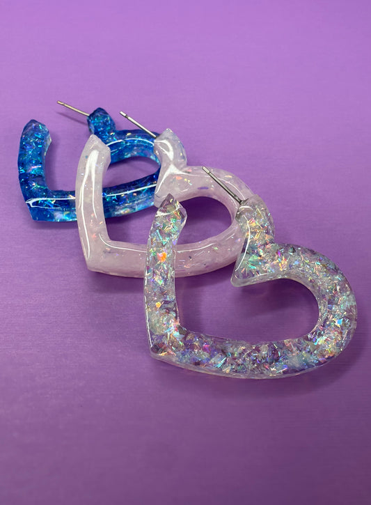 Soleil Heart Shimmering Dopamine Hoops in Ice Blue, Pale Pink Opal, or Crystal Rainbow - Valentine Heart Hoop Earrings