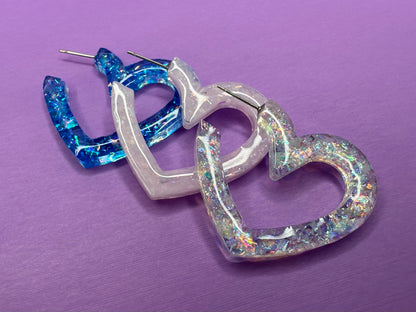 Soleil Heart Shimmering Dopamine Hoops in Ice Blue, Pale Pink Opal, or Crystal Rainbow - Valentine Heart Hoop Earrings