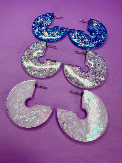 Soleil Chunky Shimmering Dopamine Hoops in Ice Blue, Pale Pink Opal, or Crystal Rainbow - Valentine Heart Hoop Earrings