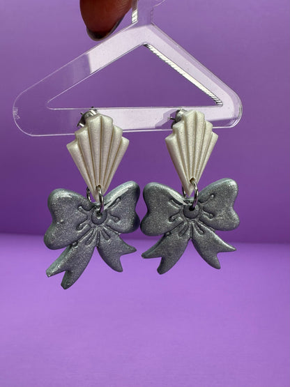 Vanessa in Vintage White & Crushed Silver - Bow Drop Coquette Aesthetic Statement Earrings