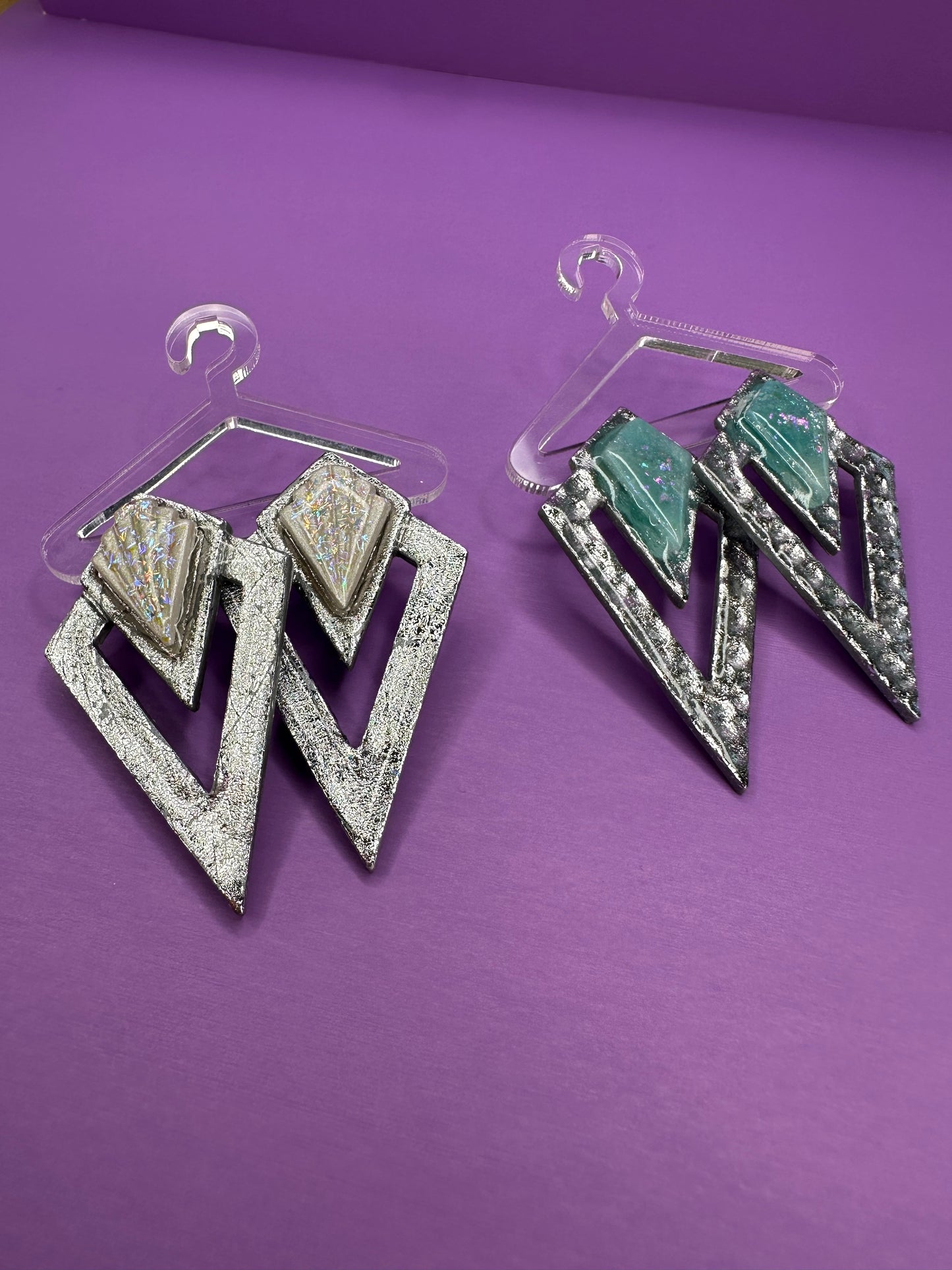 Ever in Vintage in Silver with White or Blue Opalescence  - Geometric Statement Earrings