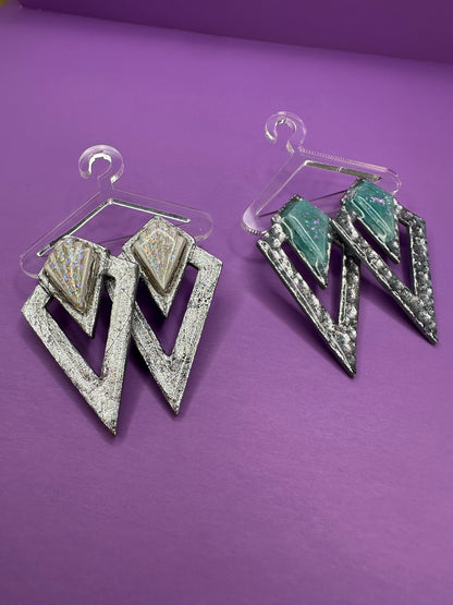 Ever in Vintage in Silver with White or Blue Opalescence  - Geometric Statement Earrings