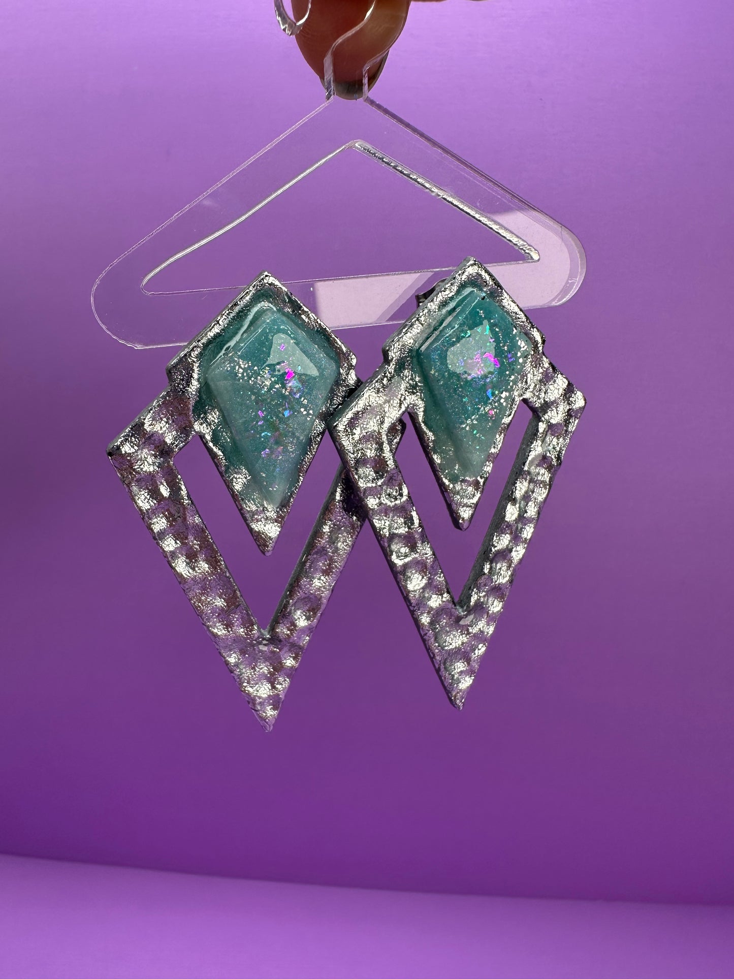 Ever in Vintage in Silver with White or Blue Opalescence  - Geometric Statement Earrings