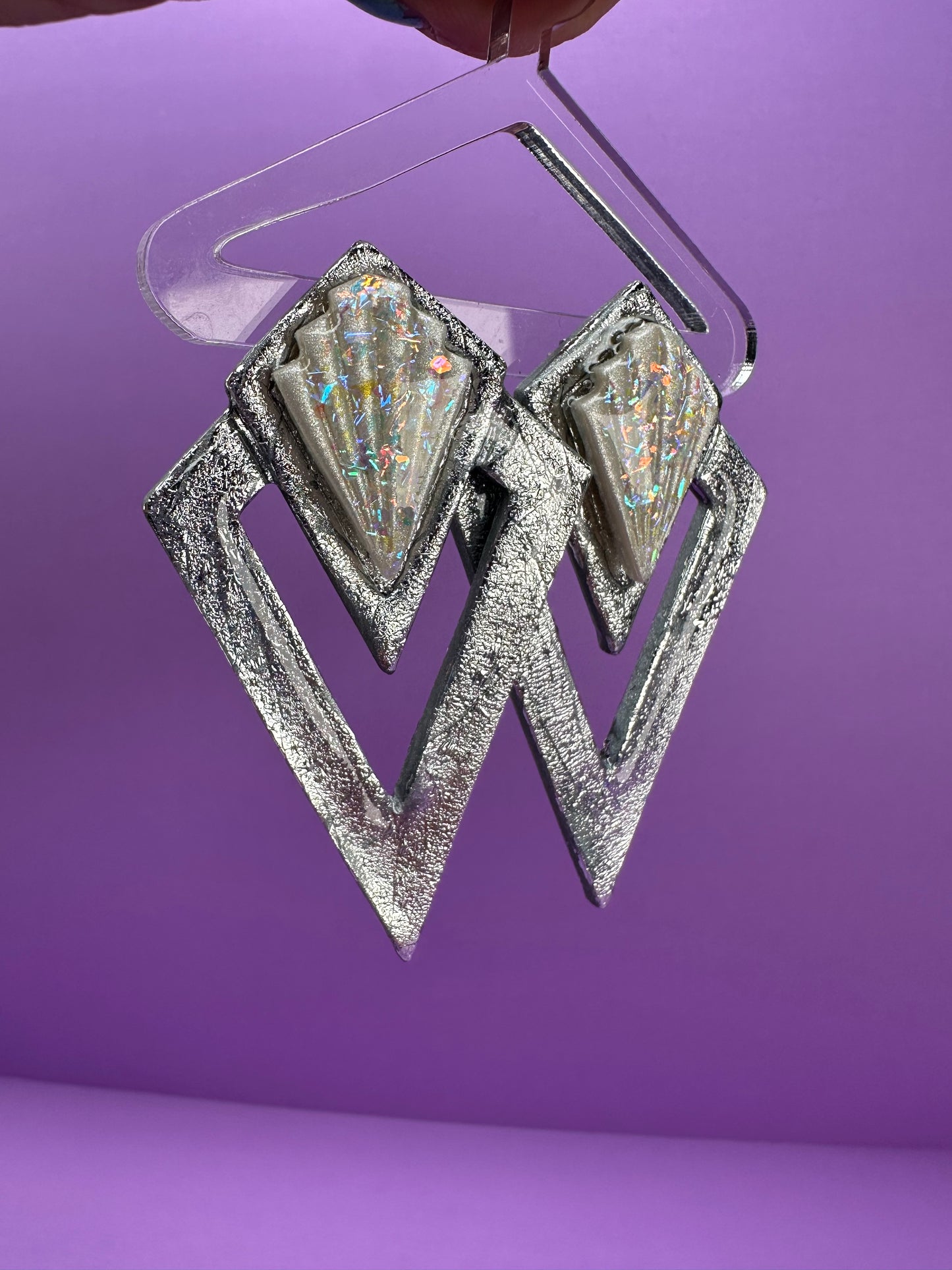 Ever in Vintage in Silver with White or Blue Opalescence  - Geometric Statement Earrings