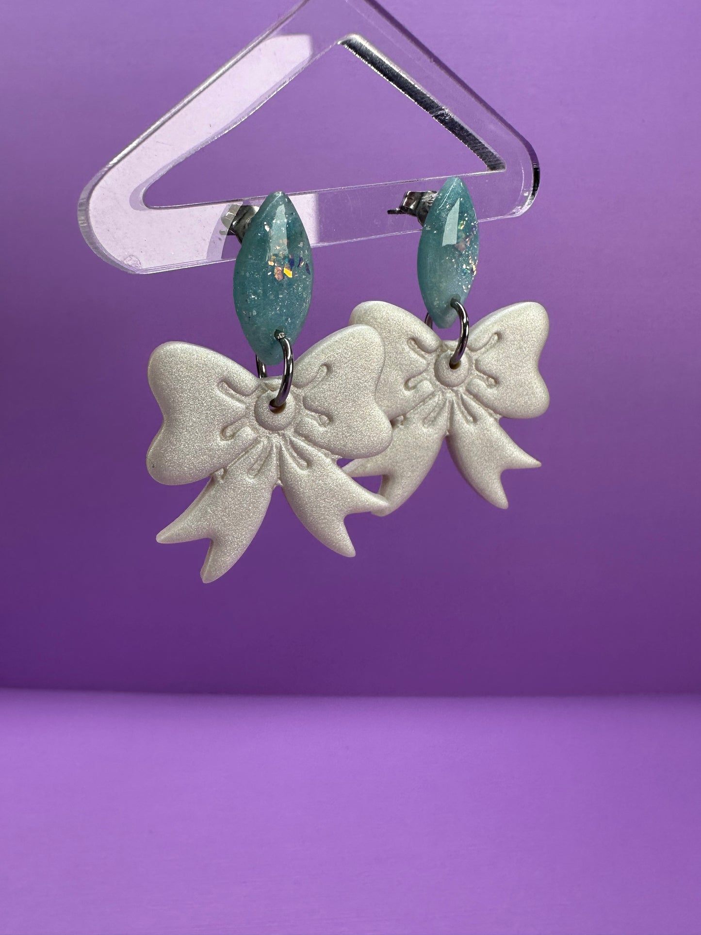 Vanessa in Ice Blue & Pearlescent - Bow Drop Coquette Aesthetic Statement Earrings