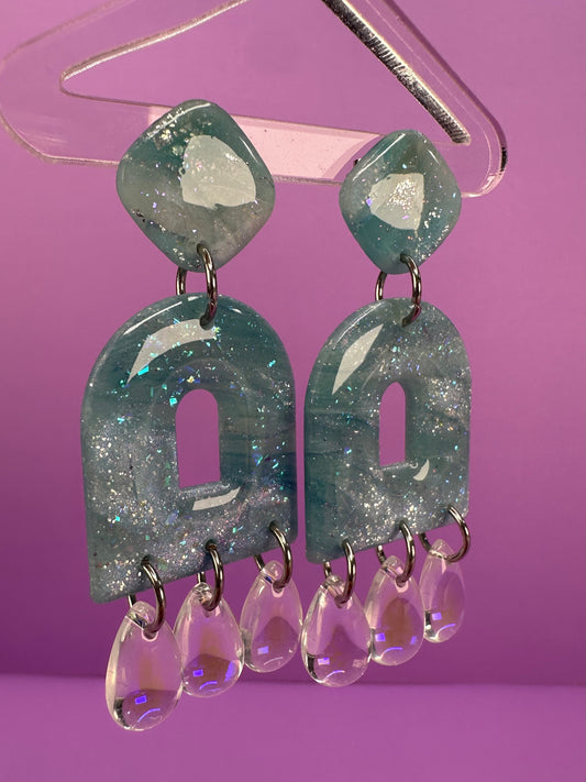 Norah in Ice Blue - Iridescent Beaded Geometric Statement Earrings