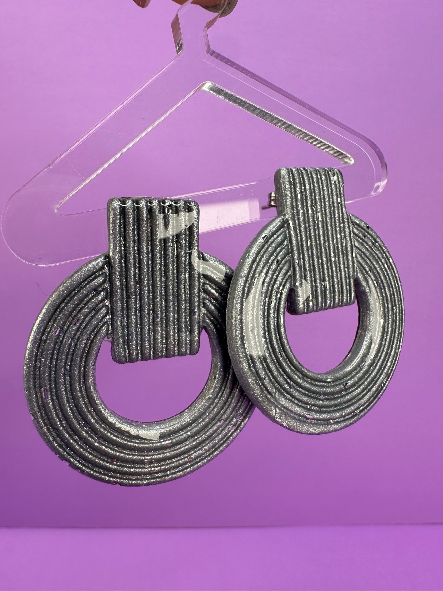 Adeline Embossed Geometric Crushed Silver Statement Earrings