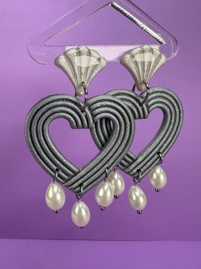 Lydia Embossed Fan Hearts with Teardrop Pearl Beads - Coquette Statement Earrings