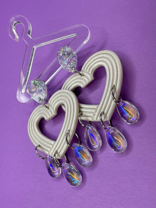 Lydia Embossed Hearts with Iridescent Teardrop Beads & Dopamine Shimmer Top - Coquette Statement Earrings