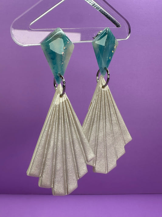 Clea in Ice Blue & Opalescent Pearl - Art Deco Fan Statement Earrings