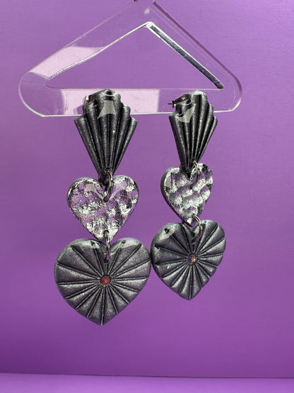 Julie Double Crushed Silver & Chrome Fan Small Stacked Heart Earrings