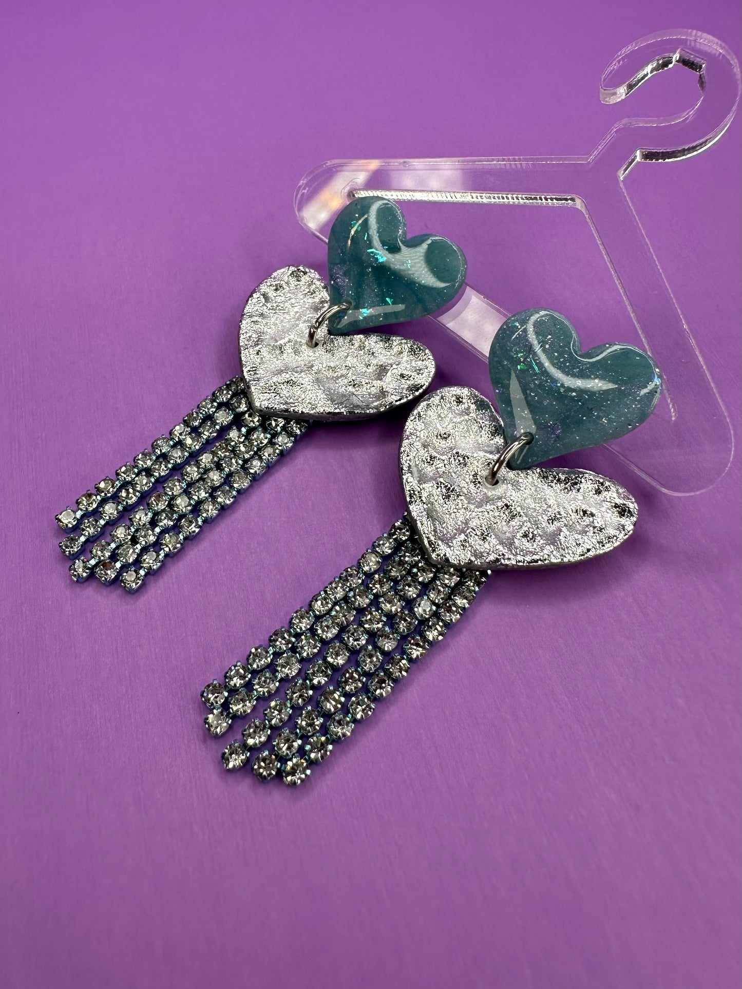 Juliet in Ice Blue - Stacked Heart Rhinestone Fringe Earrings