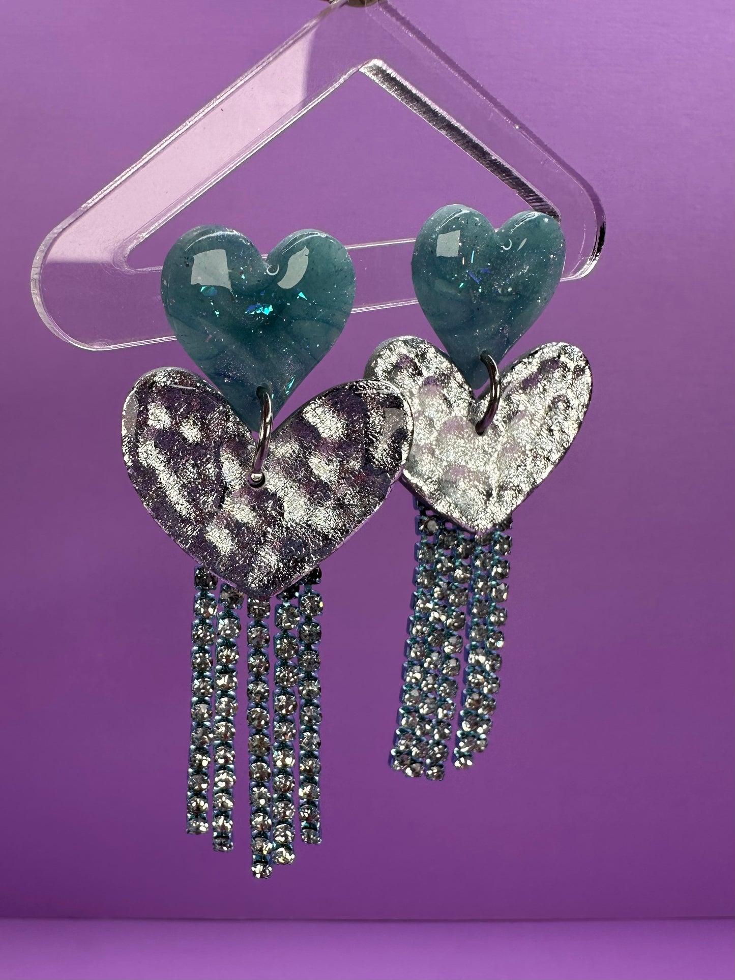 Juliet in Ice Blue - Stacked Heart Rhinestone Fringe Earrings