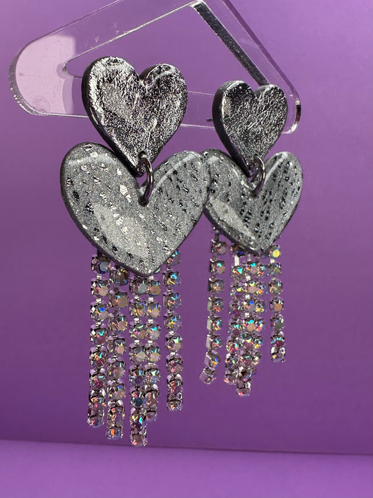 Juliet in Crushed Silver & Chrome - Stacked Heart Rainbow Rhinestone Fringe Earrings