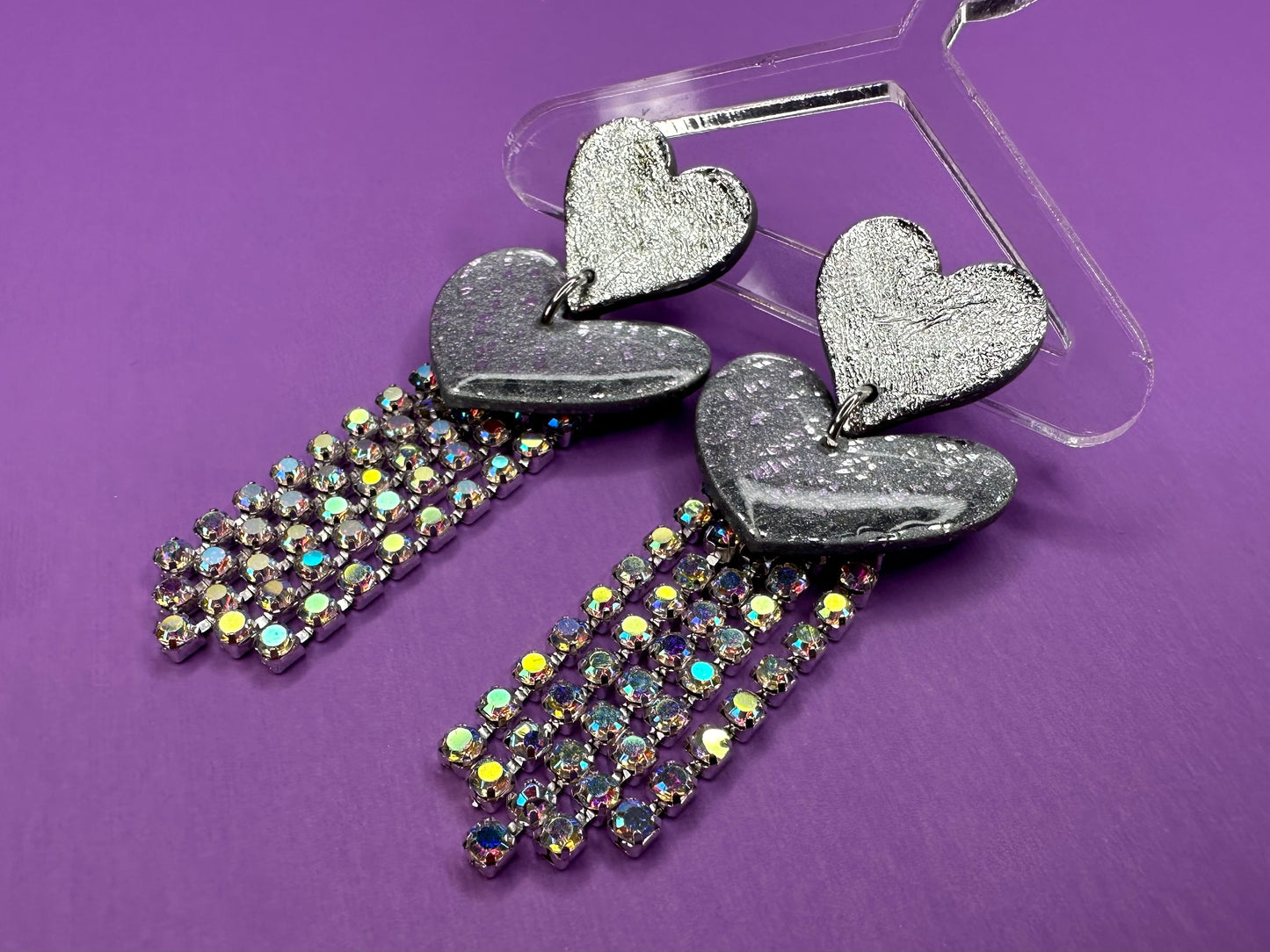 Juliet in Crushed Silver & Chrome - Stacked Heart Rainbow Rhinestone Fringe Earrings