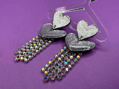 Juliet in Crushed Silver & Chrome - Stacked Heart Rainbow Rhinestone Fringe Earrings