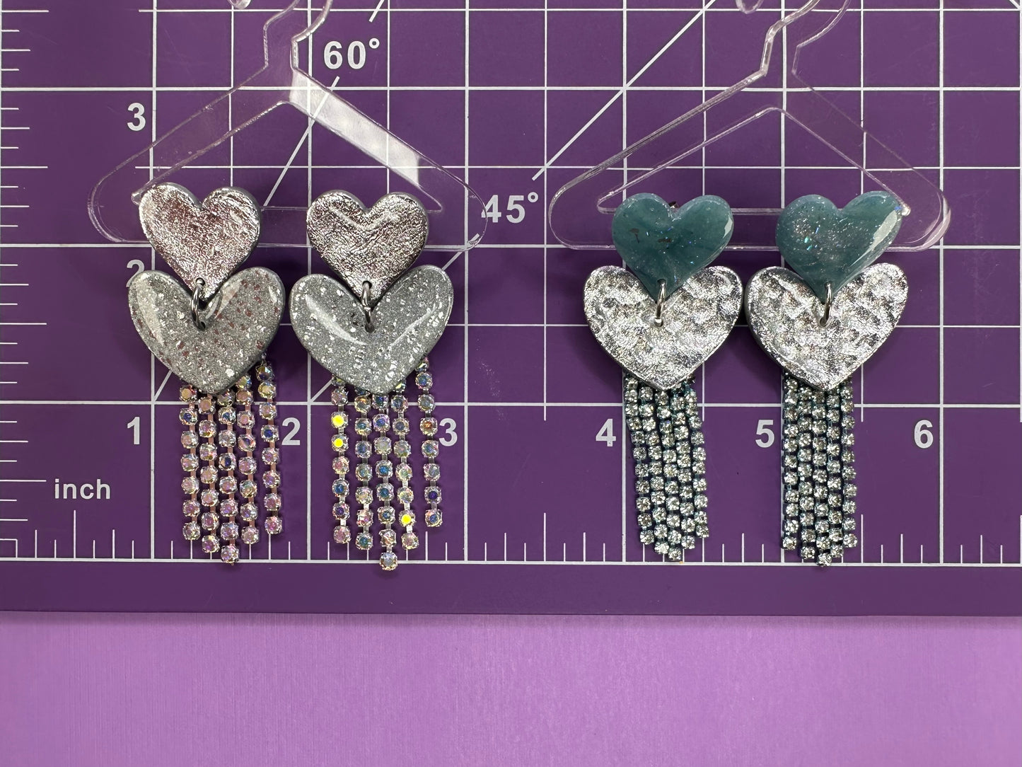 Juliet in Ice Blue - Stacked Heart Rhinestone Fringe Earrings