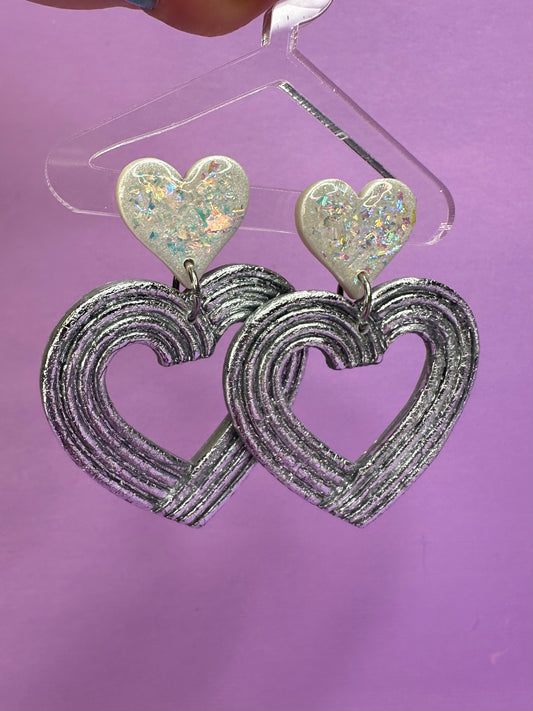 Lydia Double Hearts in Opalescent Pearl & Chrome - Coquette Aesthetic Statement Earrings