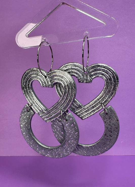 Lillian Duo in Crushed Silver & Chrome - Heart Statement Earrings