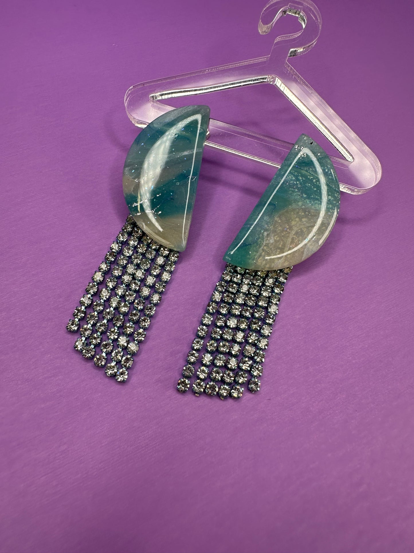 Kacey in Ice Blue - Rhinestone Fringe Half Circle Earrings