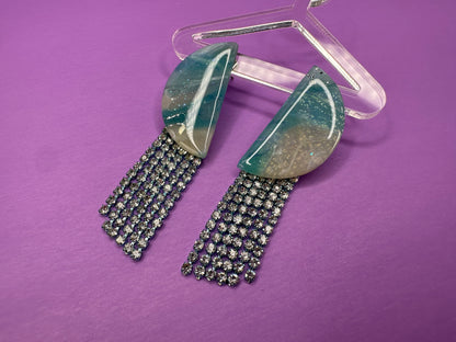 Kacey in Ice Blue - Rhinestone Fringe Half Circle Earrings