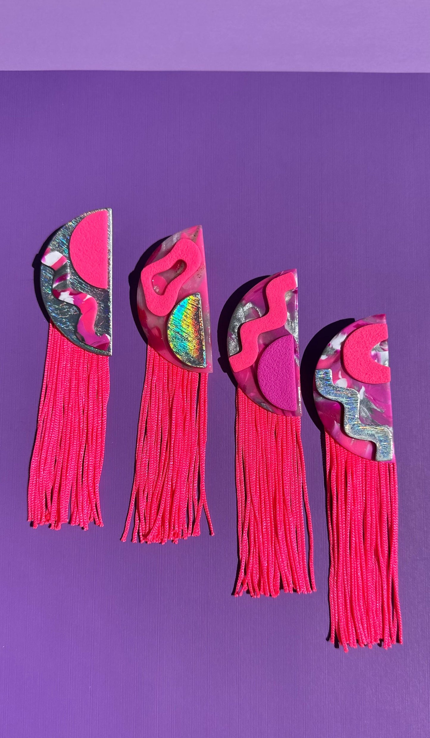 Quinn Pink Long Tassel Stacked Neon Fringe Statement Earrings Half Circles
