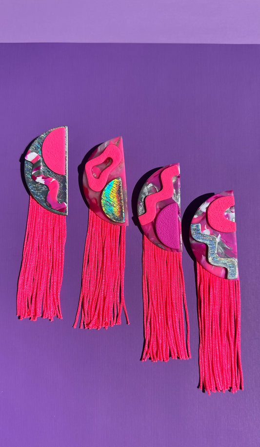 Quinn Pink Long Tassel Stacked Neon Fringe Statement Earrings Half Circles