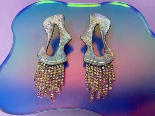 Stella Rhinestone Fringe Silver Holographic Statement Earrings