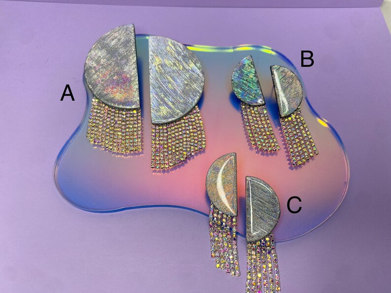 Kacey Silver Holographic Rhinestone Fringe Half Circle Studs